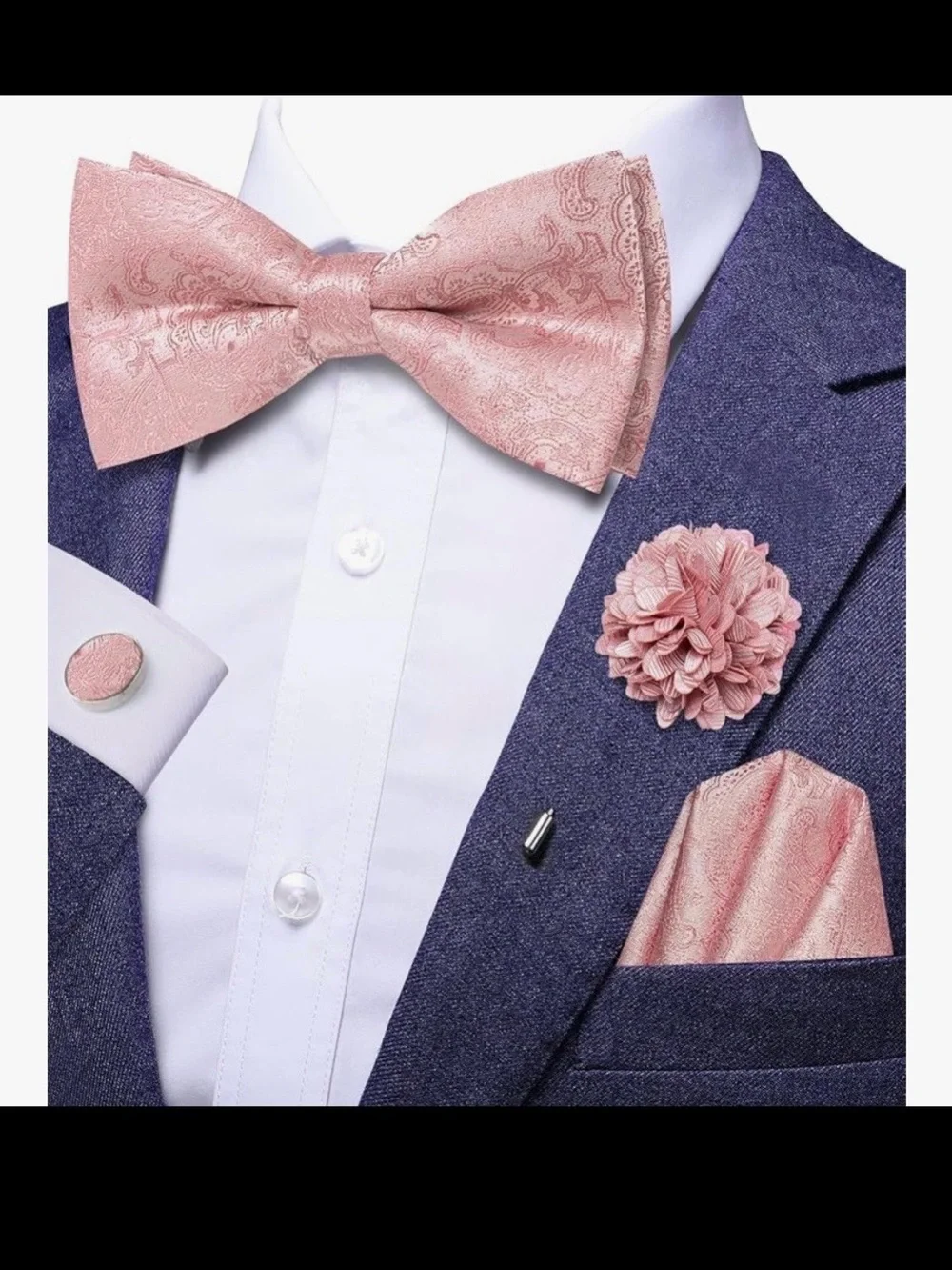 Hi-Tie Pink Paisley Bow Tie Pocket Square Cufflinks Lapel Pin Set